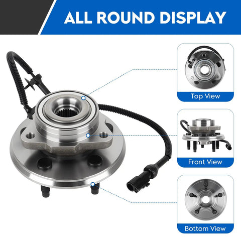 Front Wheel Bearing Hub Assembly For Ford Explorer 2002 To 2005 Lincoln Aviator 2003 To 2005 Mercury Mountaineer 2002 To 2005 5 Lug ABS Sensor Included Two Pack, all round display view, showing top, front, and bottom angles.