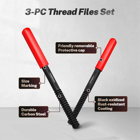 3 Piece Thread File Set for SAE and Metric External Threads Repair with size marking and protective caps