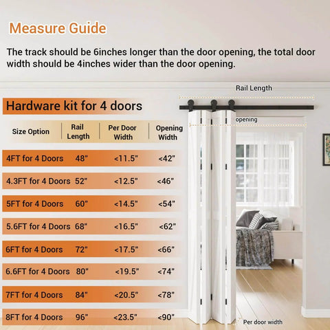 52 Inch Bi Folding Barn Door Hardware Track Kit For Four Doors Under 12.5 Inches Wide Panels Accordion Style Space Saving Heavy Duty Track System With Smooth Operation Doors Not Included.