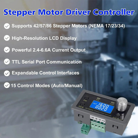 All In One Stepper Motor Driver Controller For NEMA 17 23 34 Motors with LCD, 6.6A output, TTL communication, and multiple control modes.