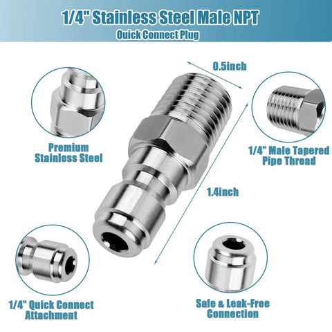 2 Sets NPT 1/4 Inch Pressure Washer Quick Connect Coupler Kit Stainless Steel Male And Female Fittings front view