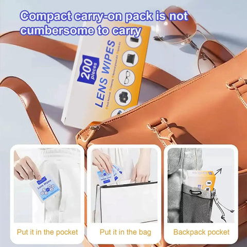 Pre Wet Lens Wipes For Eyeglasses And Camera Lenses Screens Packaged 200 Pcs shown in pocket, bag, and backpack pocket