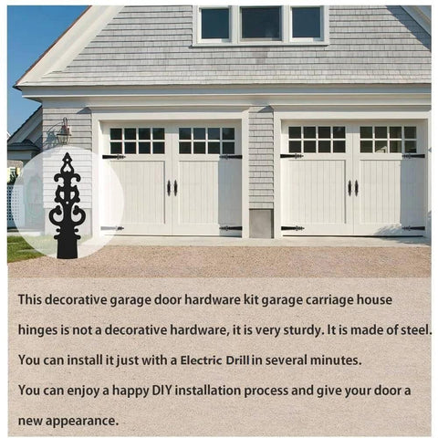 Metal Garage Door Decorative Hardware Hinges Carriage House Accents Screw Mounted 6 Piece Set installed on white garage doors
