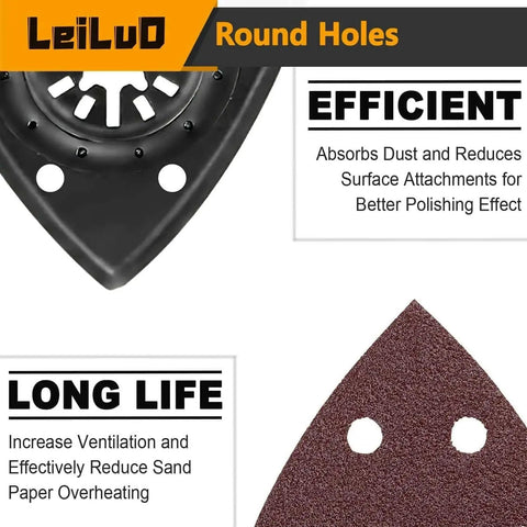 Close-up of LEILUO 158-Piece Oscillating Tool Blade Kit with sandpaper showing round holes for ventilation and prolonged use.