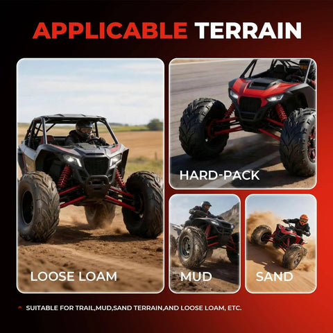 All Terrain Mud ATV UTV Tires 16x8-7 on off-road vehicles in various terrains: loose loam, hard-pack, mud, and sand.