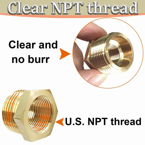 Three Eighths Inch MNPT To One Eighth Inch FNPT Brass Reducer Bushing with Clear U.S. NPT Thread, Heavy Duty Hex Head Pipe Fitting