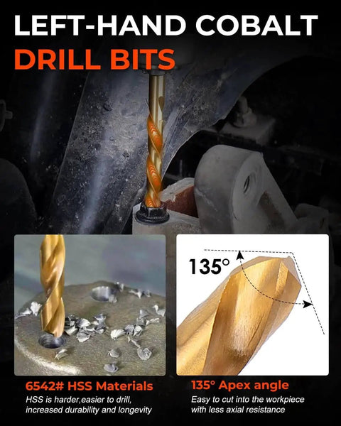 Close-up of left-hand HSS drill bit in use, with detail on 135° angle and materials, from 19 Piece Screw Extractor And Left Hand Drill Bit Set
