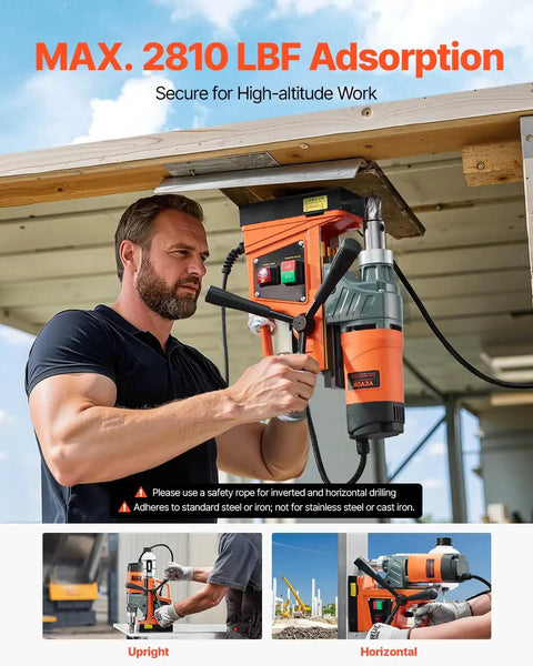 Installer using Portable Magnetic Drill Press With 1300W Copper Motor 810 RPM 1.57 Inch Boring Capacity on metal overhead