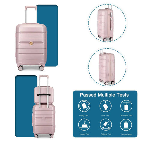 Lightweight Nude Pink 2 Piece Carry On Luggage Set with 20 Inch Hardside Spinner Case and 14 Inch Mini Cosmetic Case durability tests