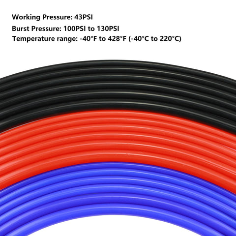 Silicone vacuum tubing set, 5 ft total, 1/4 in ID, high-temp hose, 130 PSI; black, red, and blue coils.