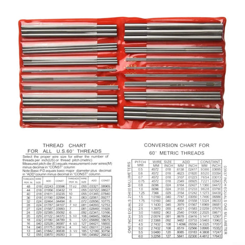 Must Have Three Wire External Thread Measuring Set Stainless Steel 48 Piece With 16 Diameter Sizes 0.5 to 6 mm Metric And 3 to 48 TPI Imperial For Accurate Wire Reading And Easy Conversion, laid out with thread charts.