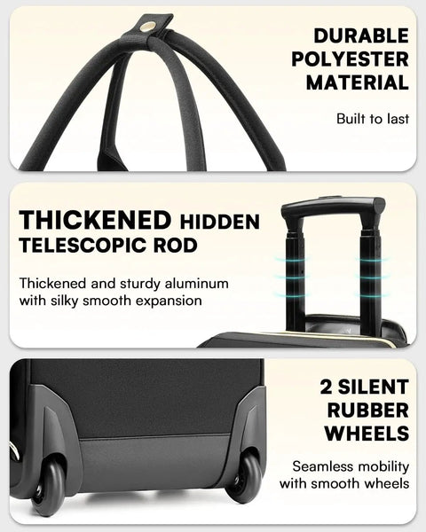Details of rolling backpack with wheels for women, showcasing durable polyester, telescopic rod, and rubber wheels for smooth travel.