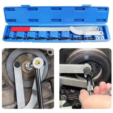 Front view of camshaft sprocket locking tool set with ergonomic handle in blue case for engine timing belt service