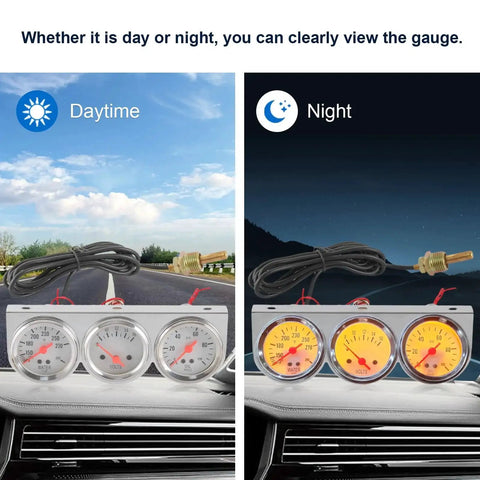 2 Inch Triple Gauge Kit with oil pressure, water temperature, voltmeter, white face dial, daytime and nighttime view in car dash