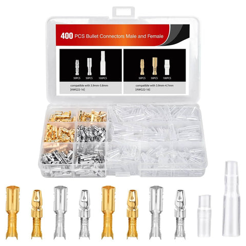 400 pcs 3.9mm bullet connectors set for 22-16 AWG wire with brass male and female terminals and insulation sleeves in a kit box