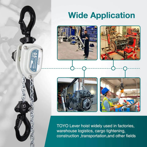Mini Chain Hoist 1100Lb Manual Lever Hoist with chain and hooks displayed alongside images of various industrial applications.
