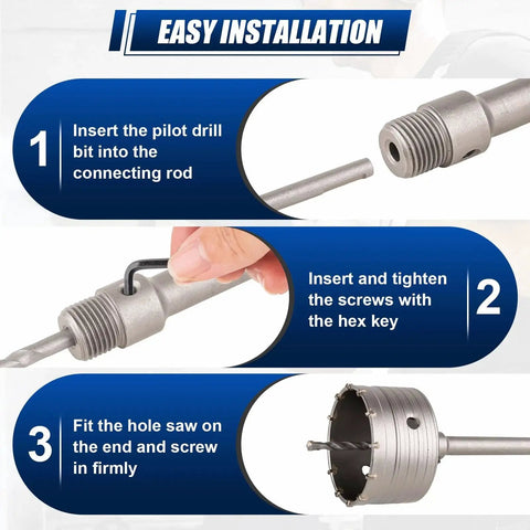 Easy installation steps for All In One Concrete Hole Saw Kit With Twenty Two Pieces And Seven Sizes From Thirty Mm To One Hundred Ten Mm Includes SDS Plus And SDS Max Core Drill Bits For Concrete Brick And Stone Walls Workhorse For Pros Luney