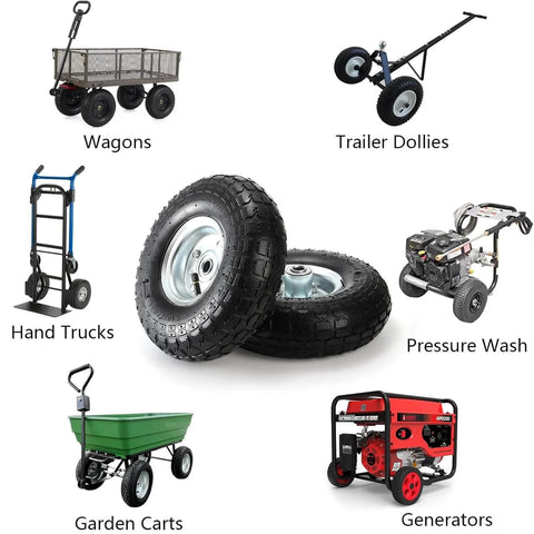 2-Pack Pneumatic Air Filled 10 Inch Hand Truck Wheels With 4.10/3.50-4 Tires, surrounded by images of wagons, carts, and utility equipment