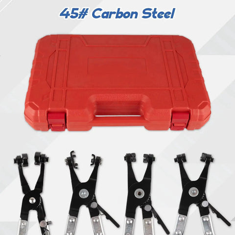 Nine Piece Hose Clamp Pliers Set For Automotive Clamp Removal And Replacement in red storage case with pliers visible