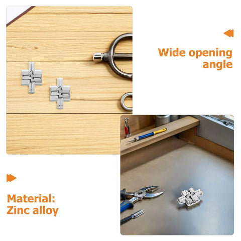 4 Pack 43mm Zinc Alloy Concealed Folding Hinges For Jewelry Boxes And Small Cabinets, shown on table with tools, 180 degree opening