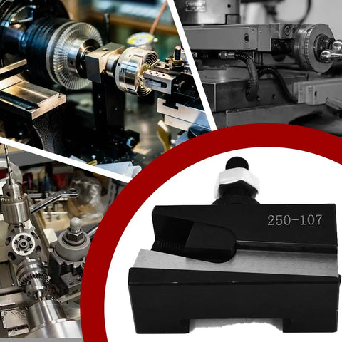 Universal Parting Blade Holder For CNC Lathe Quick Change System, fits 250-100 and 250-111 tool posts, shown with tooling setup