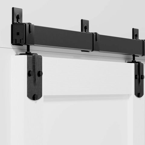 Close-up of Exterior Barn Door Hardware Kit With Door 96 By 84 Inches K Frame 16 Foot Heavy Duty Black Sliding Track System