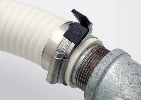 316L Stainless Steel Worm Gear Hose Clamp Pack Of 10 0.87 To 1.18 Inches installed on a white hose, showing non perforated rolled edge design