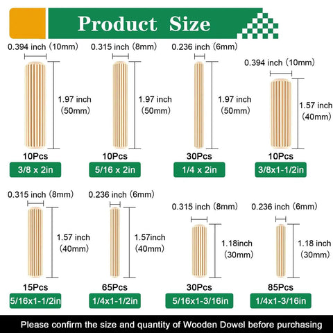 Diagram of 255 Piece Wood Dowel Set With One Quarter, Five Sixteenths, And Three Eighths Inch Fluted Dowels For Crafts And Furniture DIY.