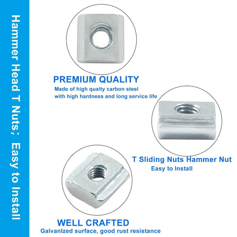 Diagram showing 50Pcs 2020 Series Sliding T Nuts Carbon Steel M4 T Slot Nut Hammer Head M3 T Sliding Nuts with features and installation ease.