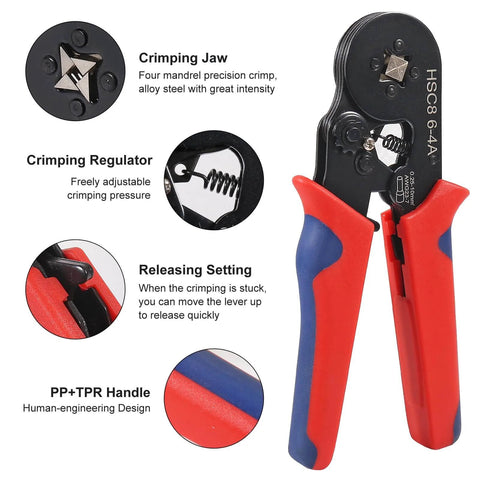 Crimp Tool Kit With 1200 Wire Terminals And Insulated Connectors For AWG 23 To 7 showing crimping jaw and handle features
