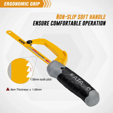 Compact Mini Hacksaw For Metal Cutting With 10 Inch Aluminum Frame And Two Bi Metal HSS Blades Lightweight Ergonomic Grip Easy Blade Change Perfect For Wood PVC Iron Copper And Other Small Cutting Jobs with non-slip handle and 1.06mm tooth pitch.