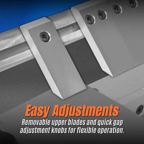 Close-up of removable upper blades and gap adjustment knobs on 50 Inch Foot Clamp Pan And Box Brake For Light Duty Sheet Metal Folding.