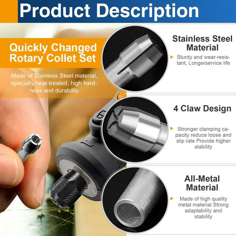 Four Piece Rotary Tool Collet Set With Clamping Nut In Stainless Steel description highlighting features and materials.