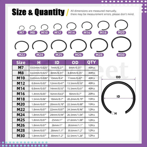 Size chart of 322 Piece Snap Ring Set Carbon Spring Steel And Manganese Round Wire C Clips Internal Snap Ring Kit 14 Sizes