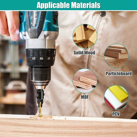 Five Piece Wood Countersink Drill Bit Set With Depth Stop And Adjustable Length For Precise Wood Finishing Includes Sizes 12 10 8 6 5 With Hex Key Pro Grade By OAOJUBR being used on wood.