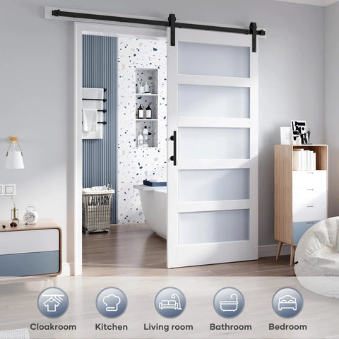 36x84 Inch Glass Sliding Barn Door Slab With 6.6 Ft Hardware Kit Included Five Frosted Glass Panes LVL Wood Core Covered In White Waterproof Scratch Proof PVC Surface Built To Last And A Snap To Install For A Clean Modern Look installed in modern bathroom