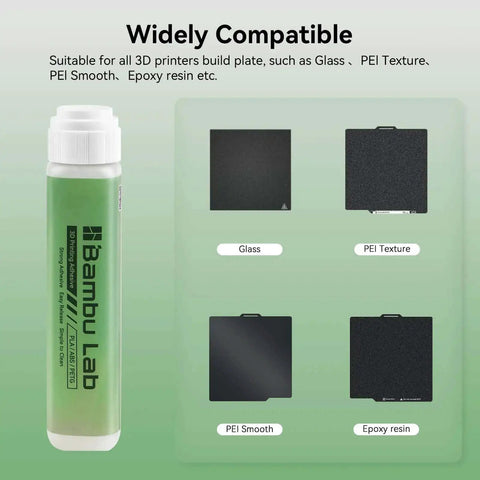 Rock Solid 60ML 3D Printer Adhesive Glue with examples of glass, PEI Texture, PEI Smooth, Epoxy resin surfaces. Compatible with Bambu Lab.