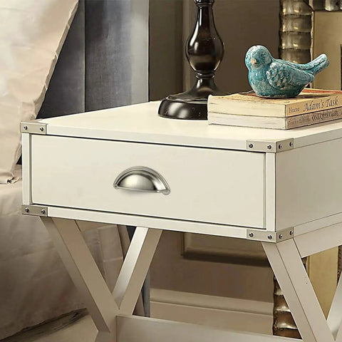 Brushed Satin Nickel Cabinet Cup Pull installed on a white drawer, showcasing modern design and functionality for home decor.