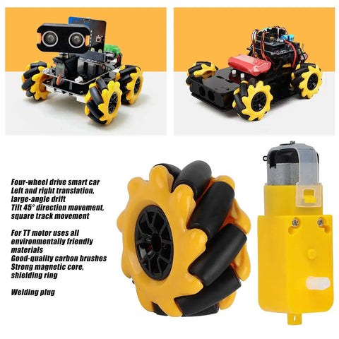 DIY robot cars with 48mm Mecanum Wheel Kit for TT geared motors, showcasing yellow and black 3D design and smooth, multi-directional movement