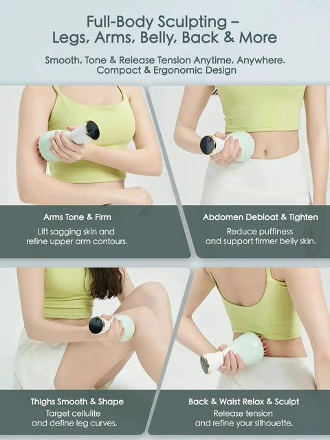 Woman using Lymphatic Drainage Massager With Microcurrent, Light, Heat And Vibration For Legs, Arms And Belly on various body parts