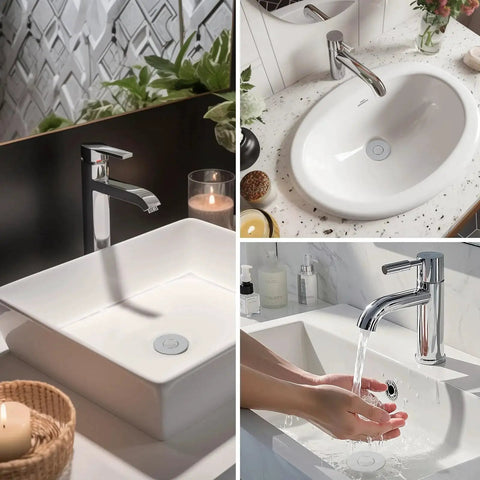 Upgraded 3 In 1 Bathroom Sink Drain Strainer With Pop Up Stopper Chrome Finish installed in various sink styles