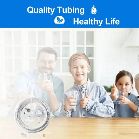 Ice maker water line kit, front view, white food-grade tubing, 25 ft, 1/4 in OD, quick fittings
