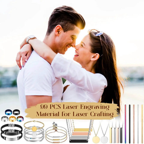 Couple embracing with 99-piece laser engraving crafting kit visible, including necklaces, bracelets, rings, and engraving materials.
