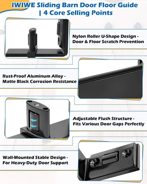 Space Saving Sliding Barn Door Bottom Floor Guide Kit with Wall Mount, showing U shape design and black finish