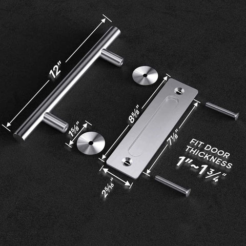 12 Inch Stainless Steel Sliding Barn Door Handles And Pulls Set With Flush Mount Hardware, installed view with measurements.