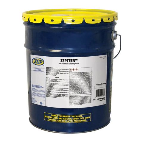 5-gallon container of ZEP self-emulsifying solvent degreaser for heavy grease and grime cleanup, blue drum with yellow lid