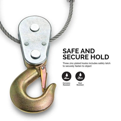 Close-up of zinc plated hook and cable from Beefy Five Ton Come Along Winch With Ten Foot Cable Dual Gear Hand Winch Heavy Duty Puller.