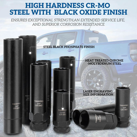 10 Piece Wheel Lock Removal Kit With Spline And Hex Master Keys Remove Rusted Or Stripped Lug Nuts On Aftermarket Wheels CrMo Steel Construction Anti Theft Lock Nut Removal For Jeep Ford Toyota Honda, showcasing various black oxide finish sockets and a backdrop of a blue truck.