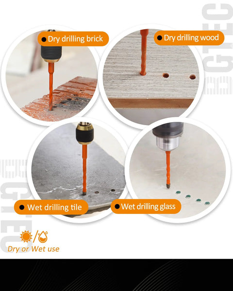 Four Blade Serrated Eccentric Masonry Drill Bit Set drilling brick, wood, tile, and glass in dry and wet conditions, shown in use.
