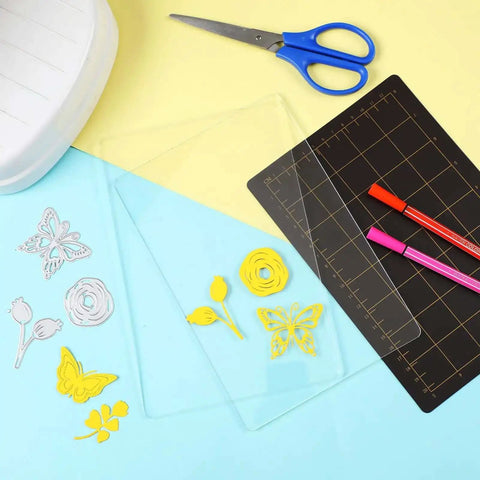Must Have Die Cutting Magnetic Shim Mat Set 6x9 Inch with card size grids, two acrylic cutting plates next to dies and scissors.